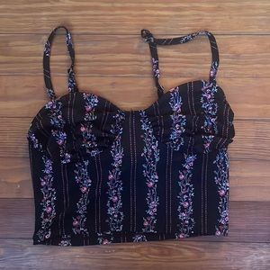 Black Forever 21 Mesh Crop Top with Pink Flowers - M